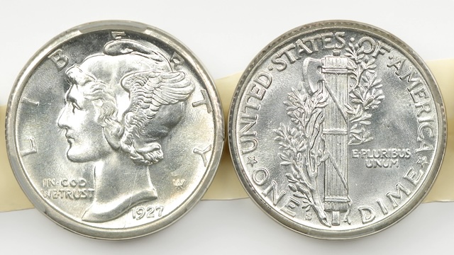 Side-by-side comparison of 1927 Mercury dime reverse: left shows weak bands, right shows Full Bands with clear separation