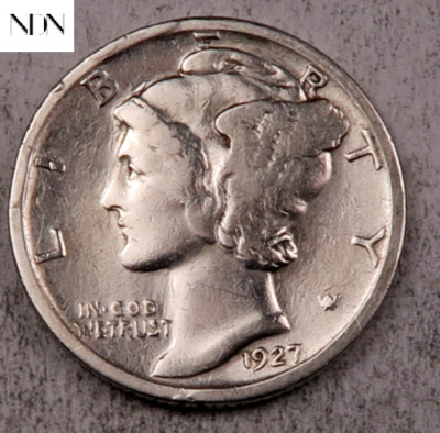 Close-up of 1927/6-S overdate showing remnant '6' beneath the '7' digit on a 1927 Mercury dime