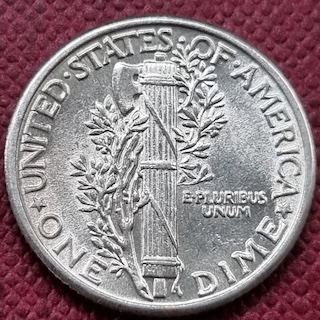 High-magnification view of 1927 Mercury dime Full Bands showing perfectly separated raised central horizontal bands