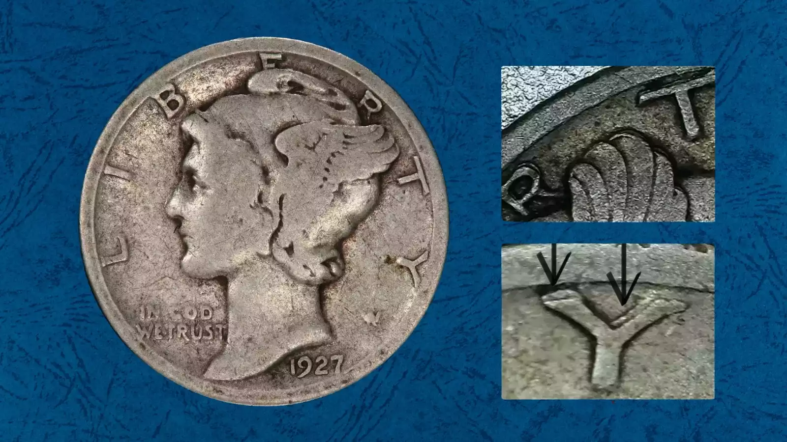Close-up of 1927 Mercury dime showing doubled die obverse with doubling visible on the date and LIBERTY inscription