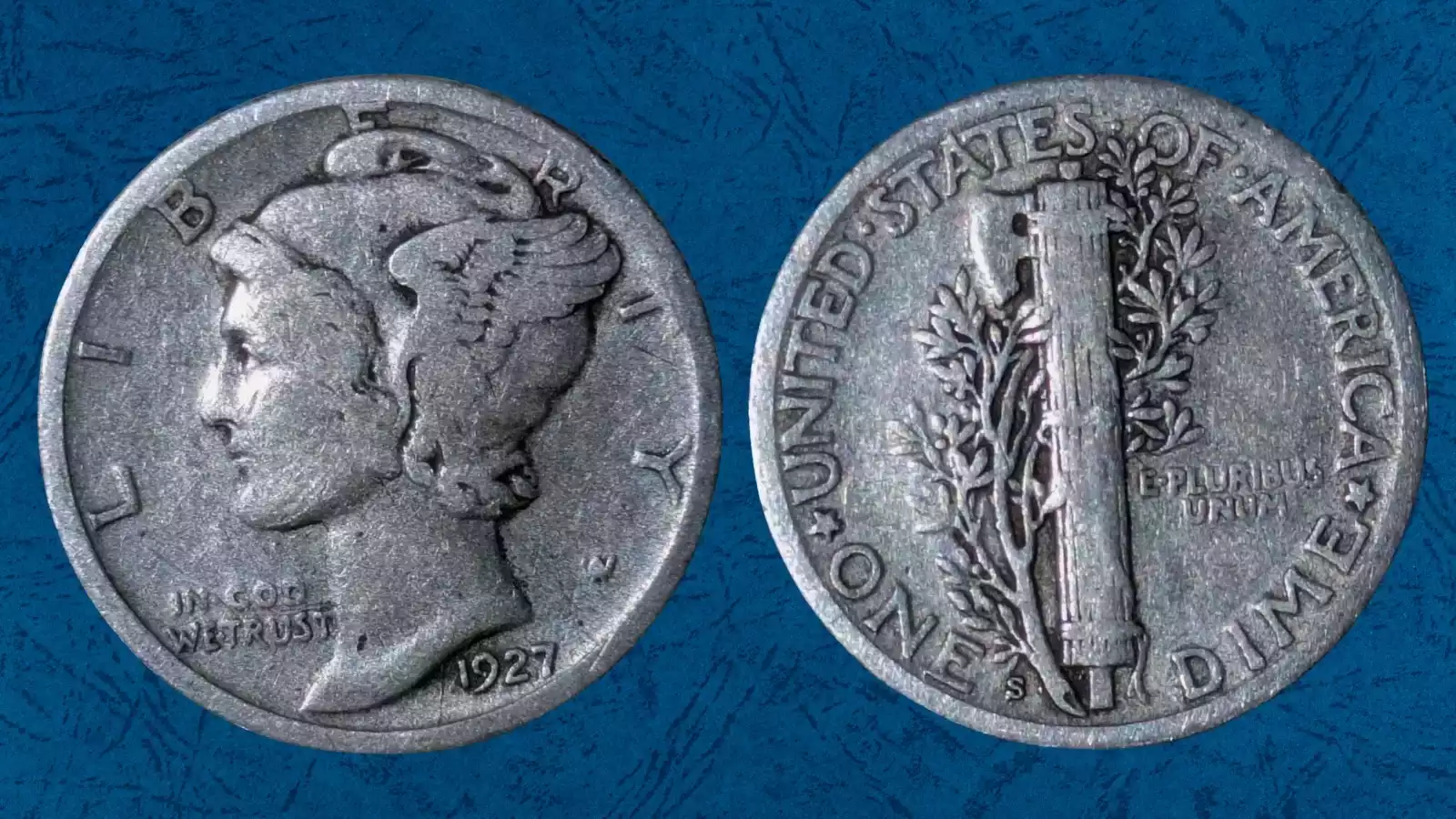 1927 Mercury dime off-center strike error with design shifted off-center revealing a crescent of blank silver planchet
