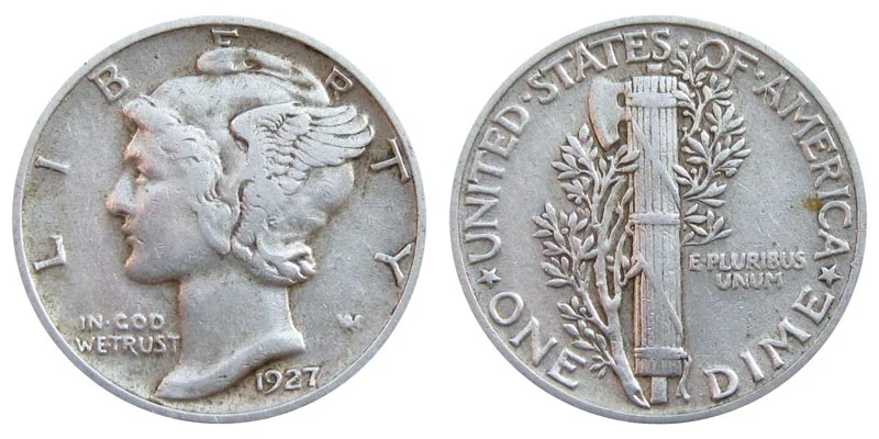Group of 1927 Mercury dimes from Philadelphia, Denver, and San Francisco mints showing varying grades and preservation states