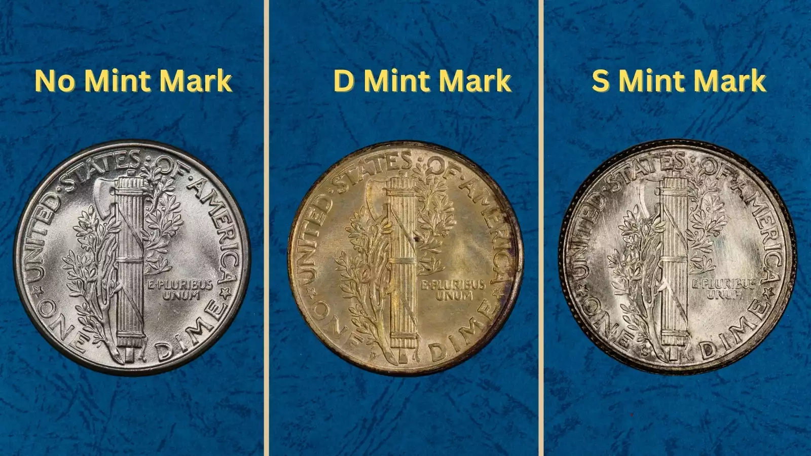 Grading strip showing four 1927 Mercury dimes from Good through Mint State condition for visual comparison
